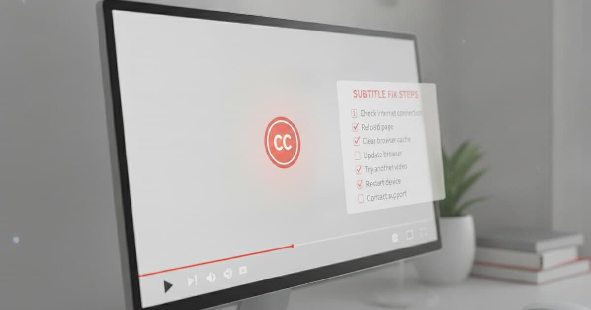 YouTube video player with CC captions button highlighted, troubleshooting checklist overlay
