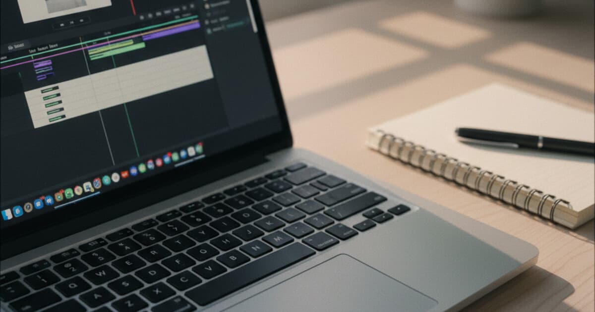 A laptop open on a clean wooden desk with a notebook and pen beside it