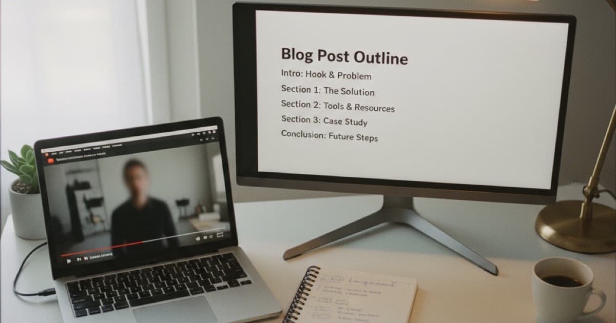 Overhead view of a creator's desk with a laptop showing a YouTube video and a monitor displaying a blog post draft