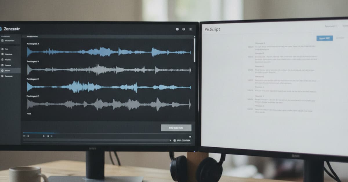 Zencastr recording dashboard showing a completed multi-speaker podcast session with separate audio tracks, beside PixScript's web interface displaying a timestamped transcript with export options