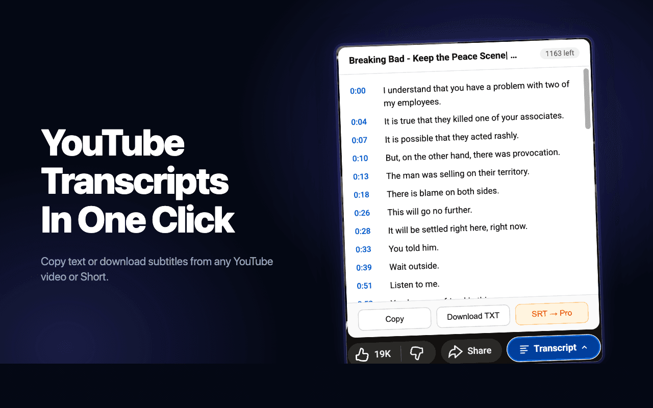 PixScript Chrome extension showing a YouTube video transcript with copy and download options
