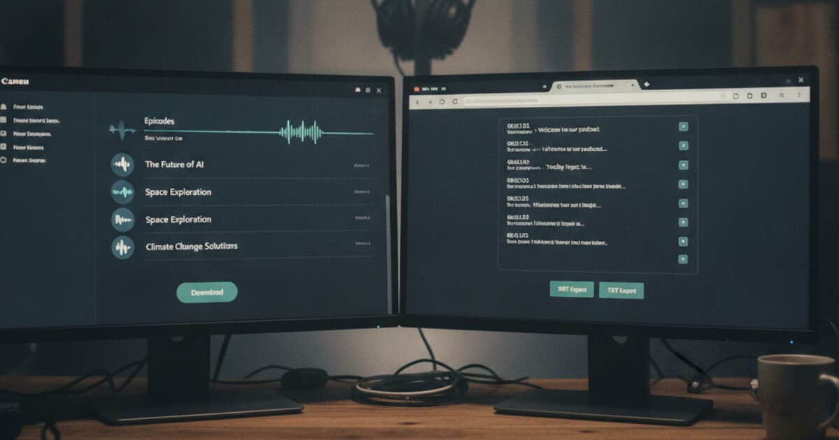 Audioboom podcast hosting dashboard showing an episode page, beside PixScript's web interface displaying a timestamped transcript with SRT export options