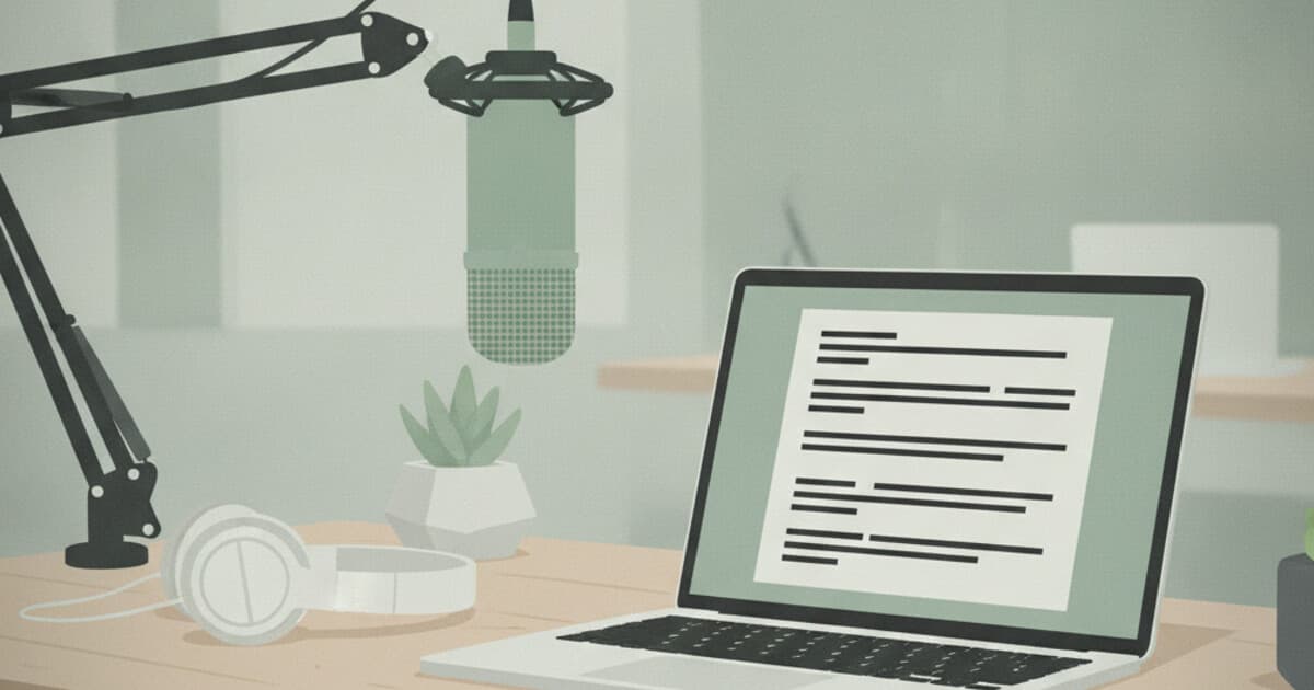 Podcast microphone next to a transcript document on a laptop screen