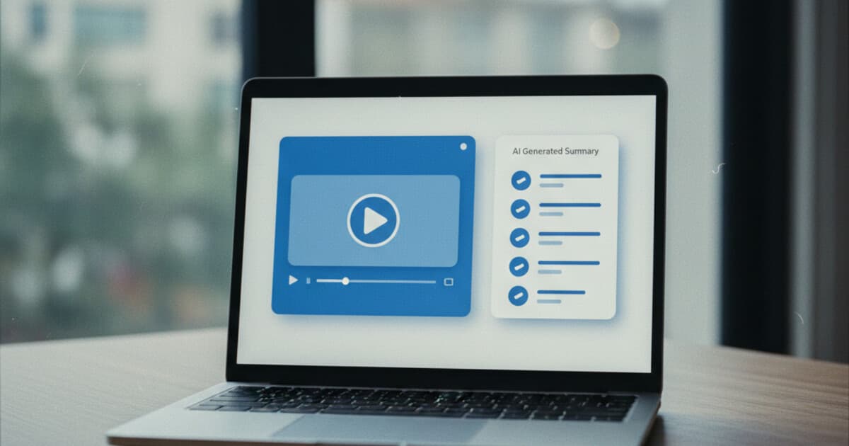 AI video summarizer tool displaying a transcript and key points from a YouTube video on a laptop screen
