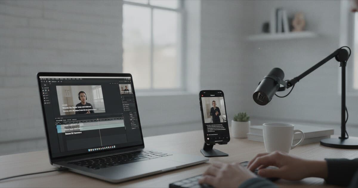 Creator adding captions to social media videos on a phone and laptop, with subtitle overlays visible on screen