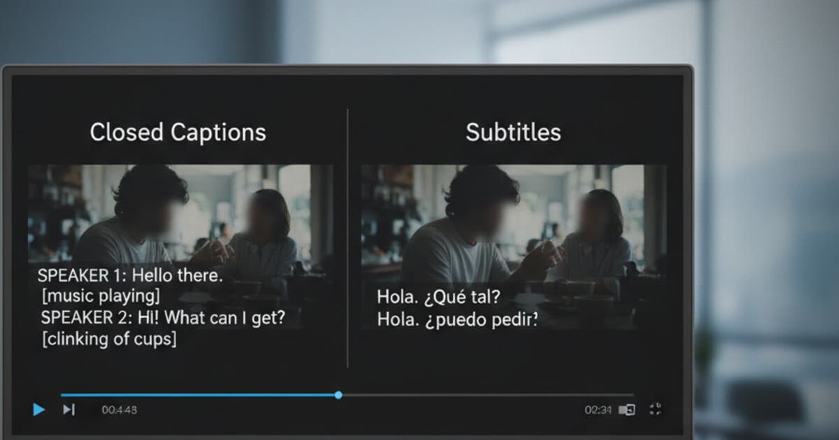 Split screen showing closed captions with sound effect labels on one side and translated subtitles on the other, on a video player interface