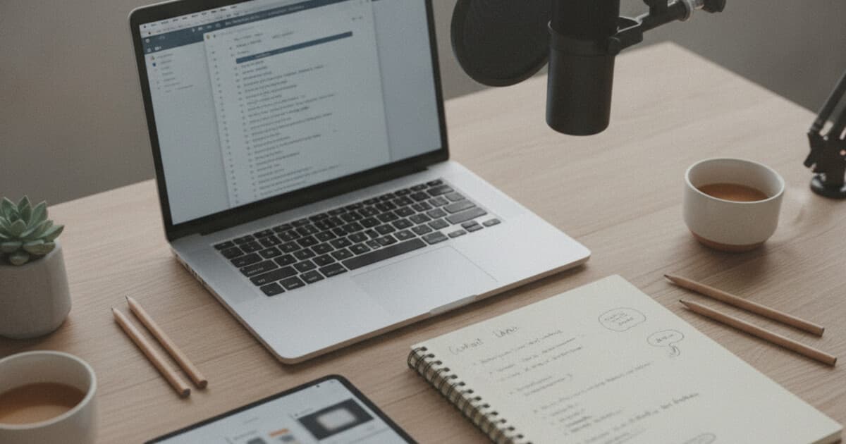 Flat-lay of a creator's workspace with laptop, microphone, and notebook representing a content repurposing workflow