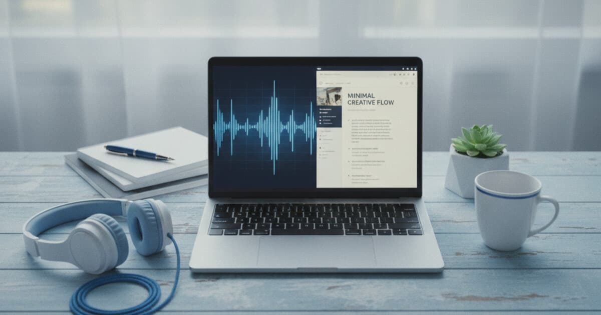 Laptop showing podcast waveform transitioning to a clean blog post document