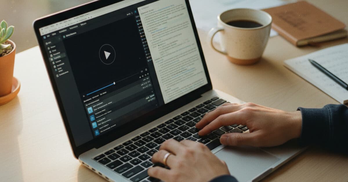 Person's hands on a laptop with a video transcription interface on screen, coffee mug and notepad in background