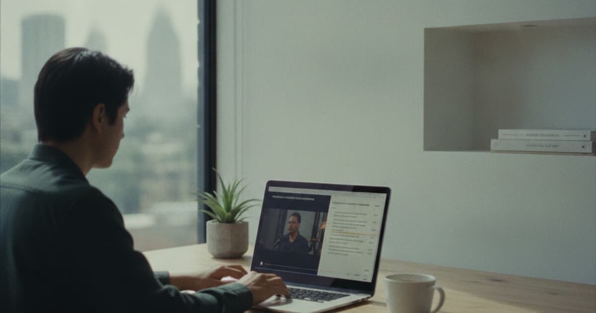 Person using a laptop to transcribe a video, with timestamped text appearing on screen