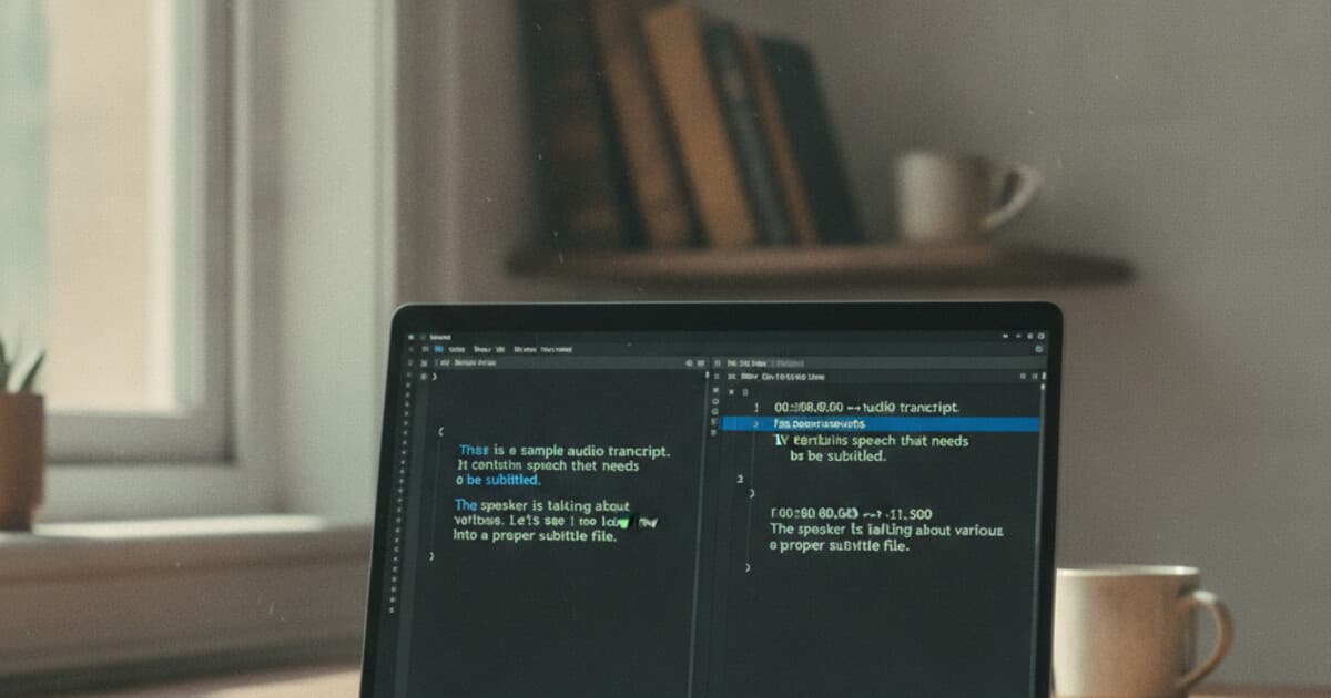Split-screen showing a plain text transcript on the left and a formatted SRT subtitle file with timestamps on the right in a text editor
