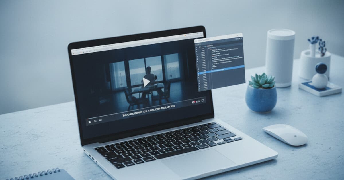 Laptop screen showing an SRT subtitle file alongside a video player with captions displayed