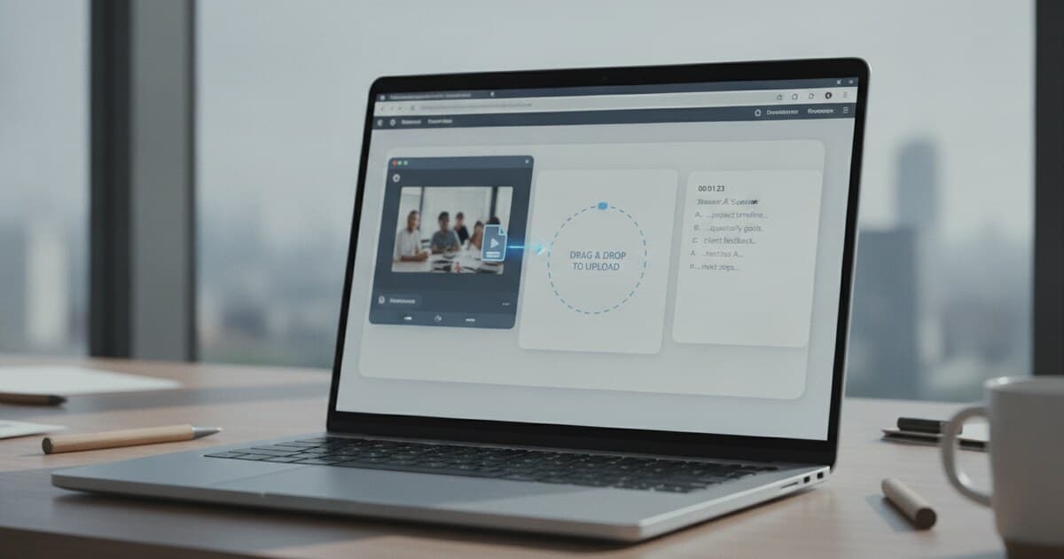 Meeting recording file being uploaded to PixScript with a timestamped transcript displayed on screen