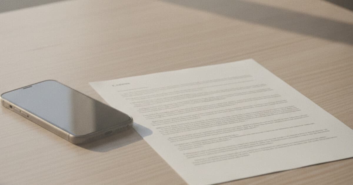 Smartphone resting on a desk beside a printed transcript document, clean minimal photography