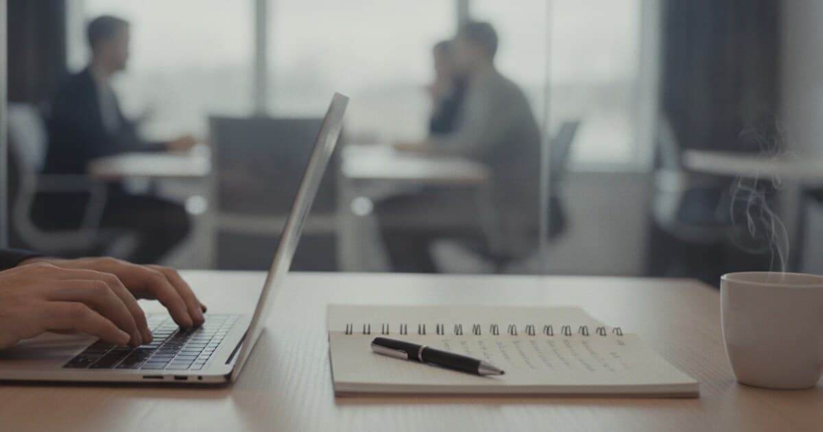 Person typing meeting minutes on a laptop at a desk with a notepad beside them