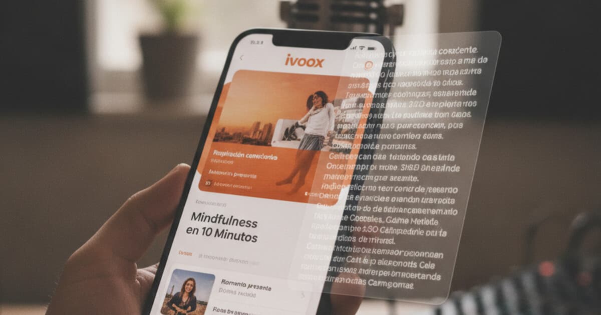 iVoox app interface on a smartphone showing a podcast episode with a text transcript displayed alongside