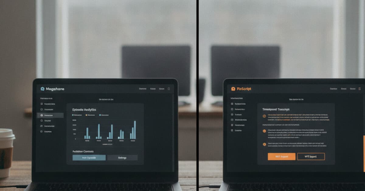 Megaphone podcast hosting dashboard showing an episode page beside PixScript's web interface displaying a timestamped transcript with SRT export options