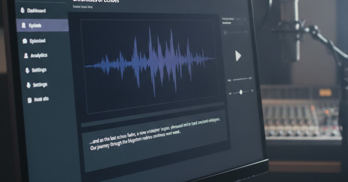 Omny Studio podcast dashboard showing an episode detail page with a transcript panel open