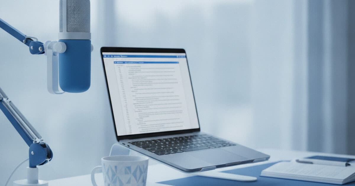 Podcast microphone next to a laptop screen showing a text transcript