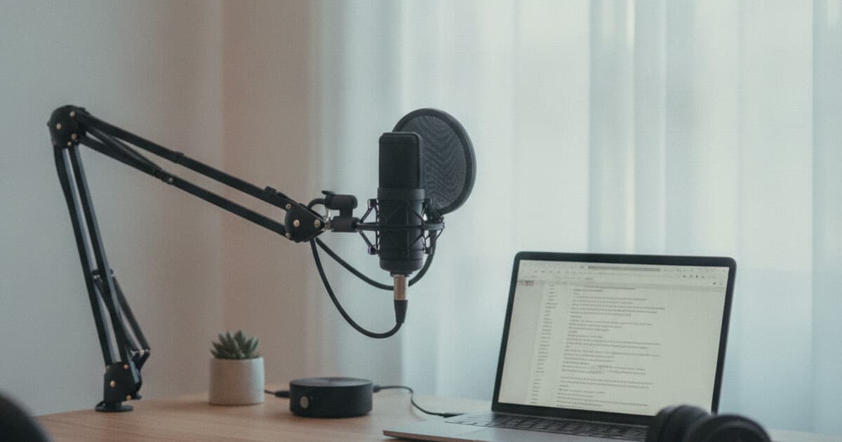 Spreaker podcast dashboard next to a clean transcript document on a laptop screen