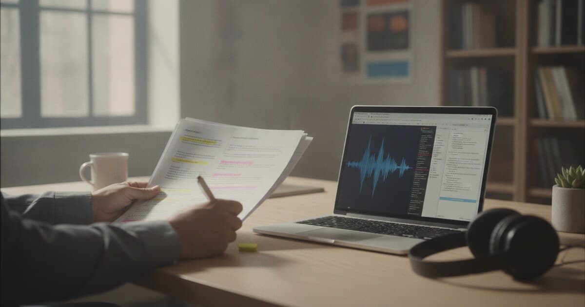 Researcher at a clean desk reviewing a printed interview transcript beside a laptop displaying audio waveform analysis, natural light, professional academic setting