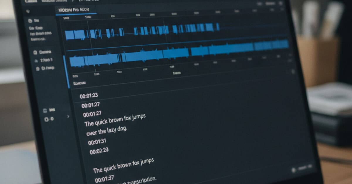 Video timeline with timestamp markers next to a clean text transcript on a laptop screen