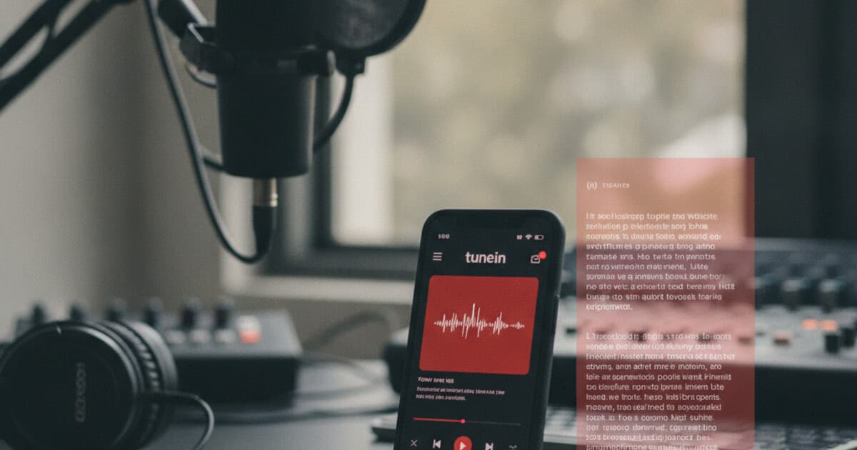 TuneIn app interface showing a podcast episode with transcript text overlay on a smartphone screen