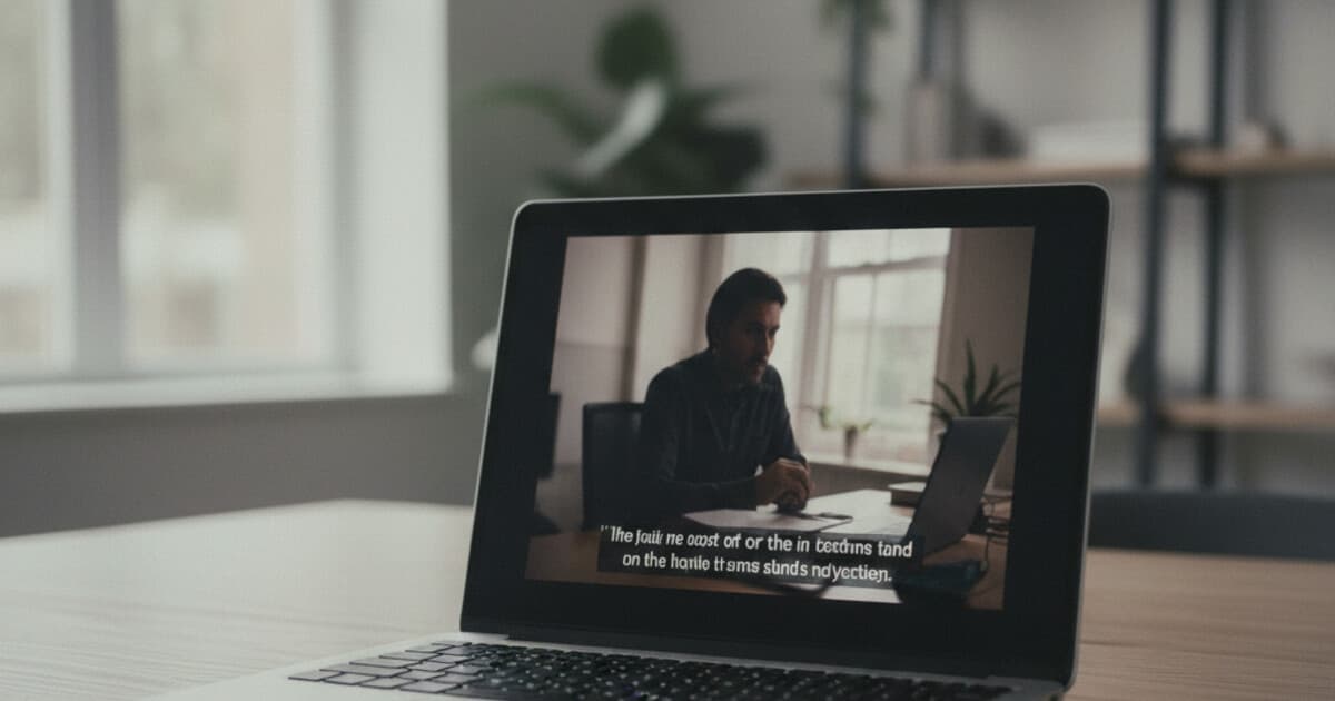 Laptop screen showing a video with captions displayed at the bottom of the player