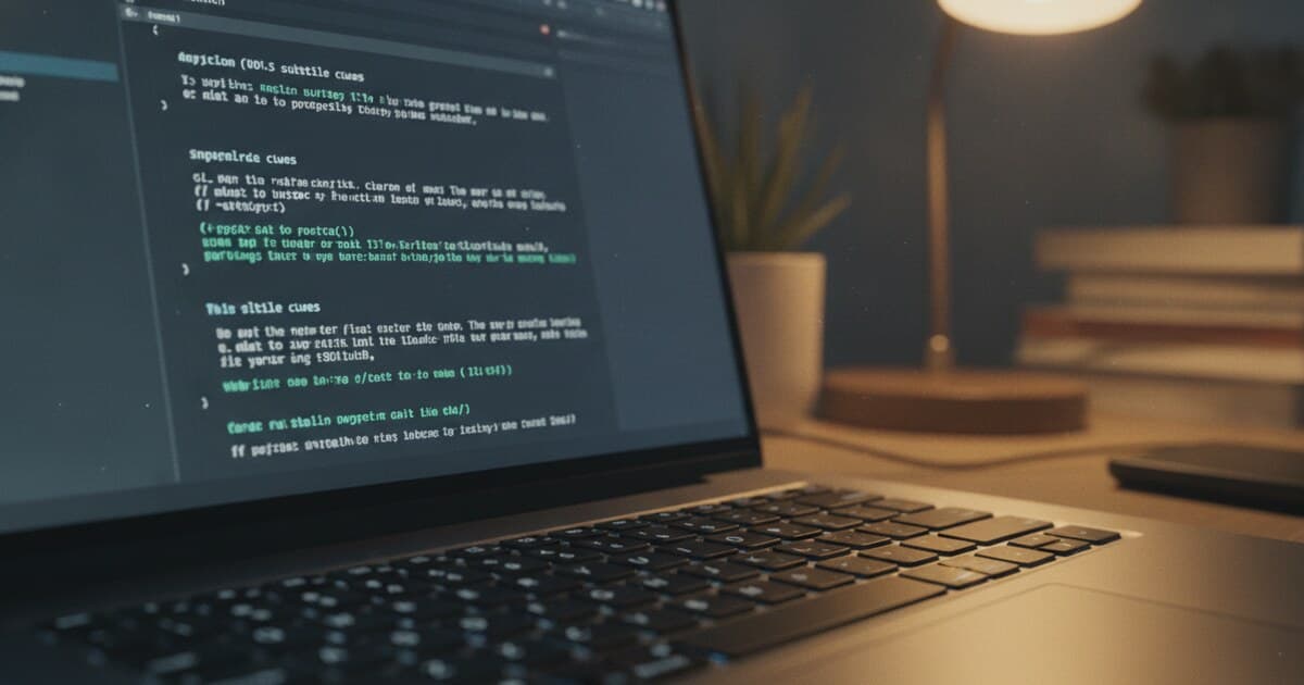 Laptop screen in a dim office showing a code editor with subtitle cue text in white monospace type