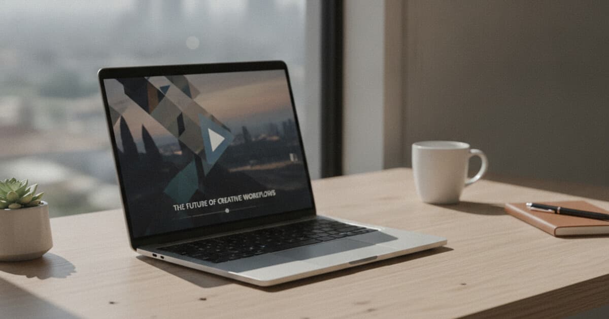 Laptop screen showing a video player with subtitle captions visible, clean desk setup with natural lighting